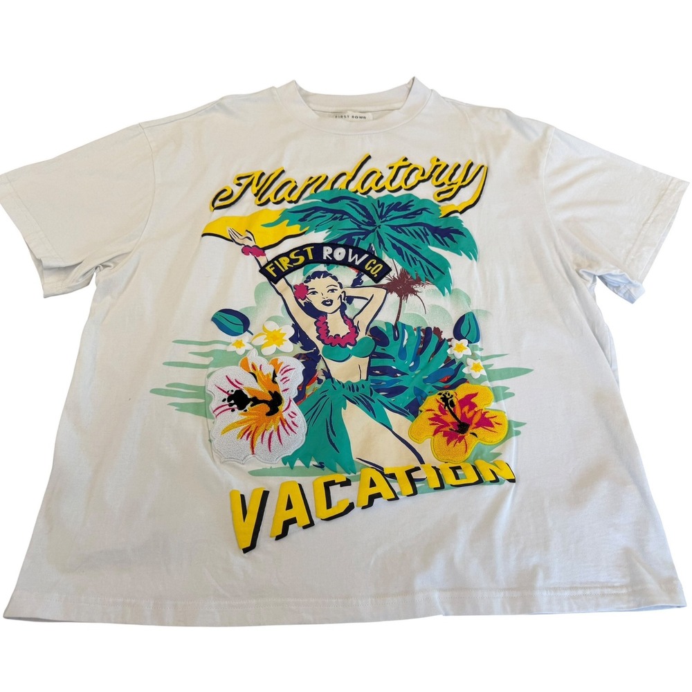 First Row Co Mandatory Vacation Hula Girl Graphic Tee  Chenille Patch XL‎ READ!